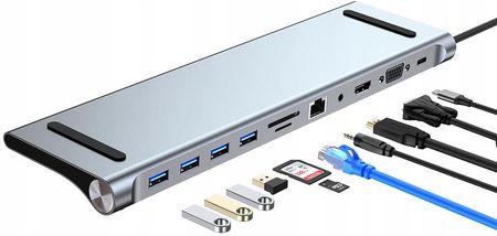 Stacja dokująca adapter USB C do USB 3.0, LAN RJ45, HDMI 4K, Czytnik SD TF, Jack, VGA, USB C PD 11 w 1 AD069