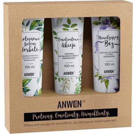 Anwen Anwen_Set Odżywki Do Włosów O Niskiej Porowatości Proteinowa Zielona Herbata 100Ml + Emolientowa Akcja 100Ml + Nawilżający Bez 100Ml
