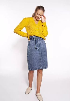 Rozpinany sweterek z ozdobnym ażurowym wzorem (Żółty, XL)