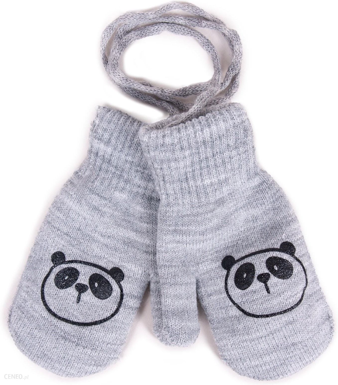 Rękawiczki chłopięce jednopalczaste ze sznurkiem szare z pandą : Rozmiar - 14