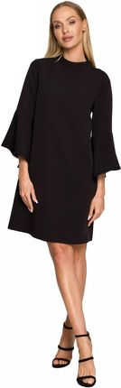 Trapezowa sukienka z rękawami z falbaną (Czarny, S)