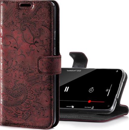 Skórzane etui na telefon RFID Wallet case - Ornament Burgund - TPU Czarne Apple iPhone 13 Pro (11834038)
