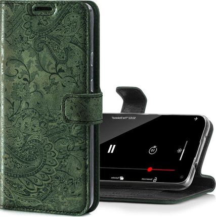 Skórzane etui na telefon Wallet case - Ornament Zielony Samsung Galaxy S22 Ultra (11886711)