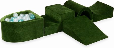 Mimii Piankowy Plac Zabaw Z Mostkiem I Z Basenem Micro Velvet Soft Oliwkowy + 100 Piłek (Przezroczyste Perłowe Metaliczny Turkus)
