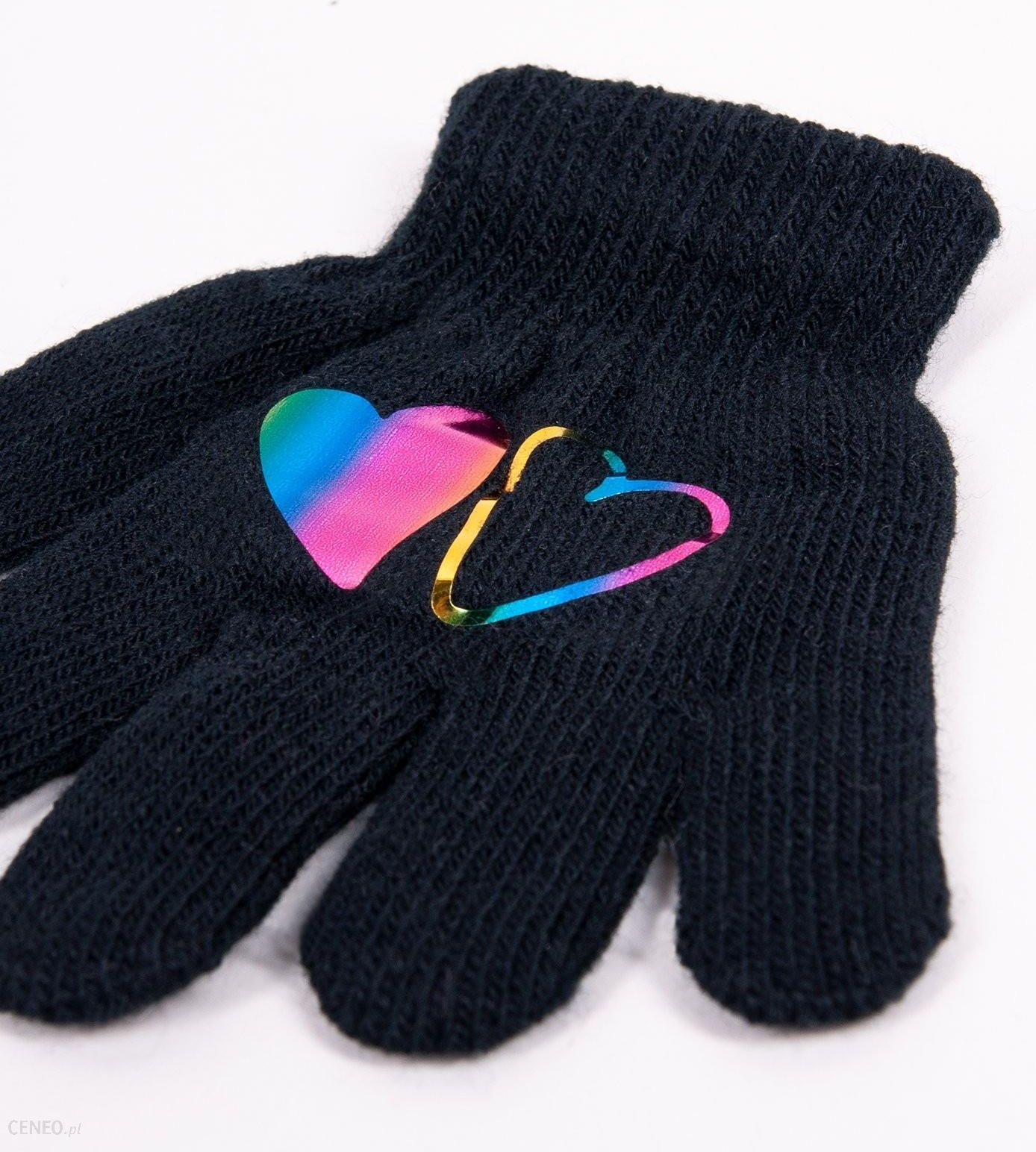 Rękawiczki dziewczęce pięciopalczaste czarne z hologramem sercami : Rozmiar - 14