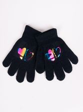 Rękawiczki dziewczęce pięciopalczaste czarne z hologramem sercami : Rozmiar - 14