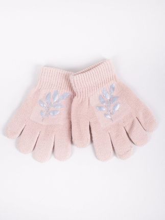 Rękawiczki dziewczęce pięciopalczaste z odblaskiem różowe z roślinką : Rozmiar - 18