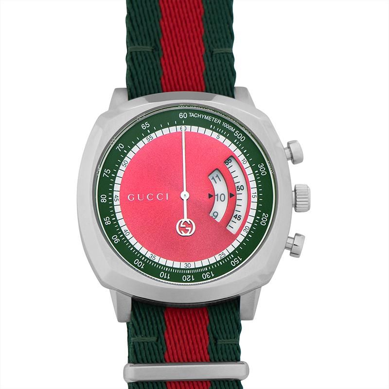Gucci Grip Quartz Chronograph Red Dial Silver Steel Strap Watch For Men - YA157303