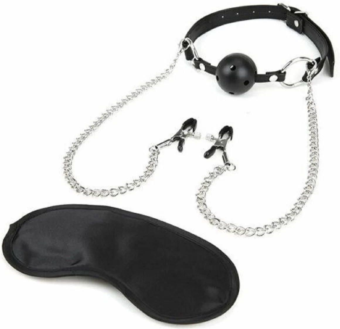 Lux Fetish Knebel Z Zaciskami Na Sutki Breathable Ball Gag With Nipple