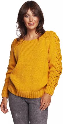 Ciepły sweter z ozdobnymi ażurowymi warkoczami na rękawach (Miodowy, S/M)
