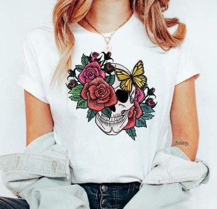 Timeforf Damska Koszulka Z Czaszką I Kwiatami