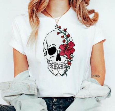 damska koszulka z czaszką i kwiatem