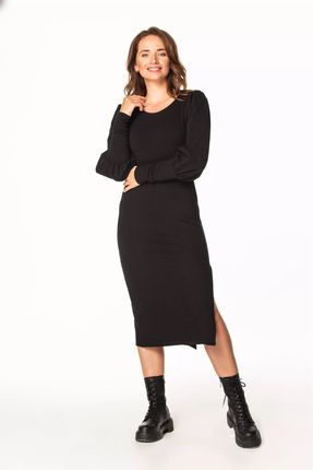 Sukienka midi z bufiastymi rękawami i rozcięciem (Czarny, XS)