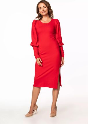 Sukienka midi z bufiastymi rękawami i rozcięciem (Czerwony, XS)
