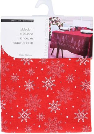 Excellent Houseware Obrus Na Stół Świąteczny Prostokątny Czerwony Płatki Śniegu 130X180 Cm 12824