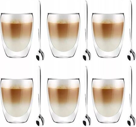 Szklanki termiczne do kawy 250 ml latte zestaw z łyżeczkami 6 sztuk