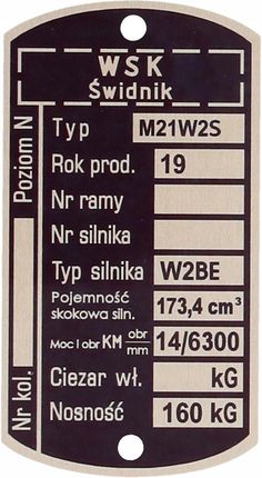 Venbo Tabliczka Znamionowa Wsk 175 M21W2S W2Be 275067