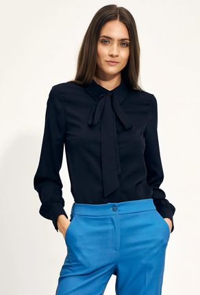 Wizytowa bluzka damska z kokardą na dekolcie (Granatowy, M)