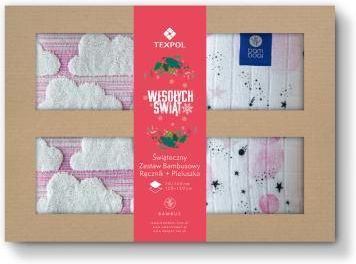 TEXPOL Zestaw świąteczny: Bambusowy ręcznik SKY CLOUDS róż 140x70cm + Pieluszka 65x65cm