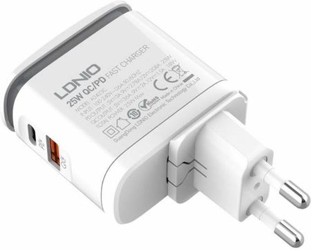 Ładowarka sieciowa z funkcją lampki LDNIO A2423C, USB + USB-C, PD QC 3.0, 25W Biała