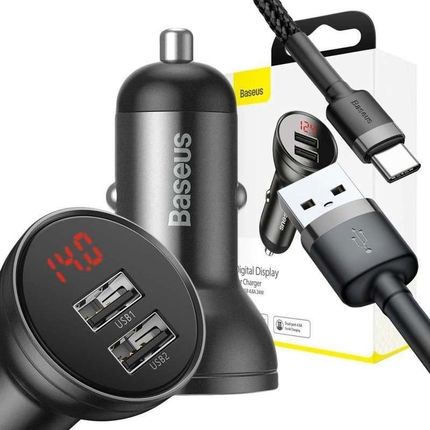 Ładowarka samochodowa Baseus 2x USB LED 4.8A 24W Grey + Kabel USB-C