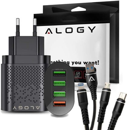 Szybka ładowarka sieciowa Alogy 4x USB Quick Charge 3.0 2.4A Czarna + Kabel 3w1