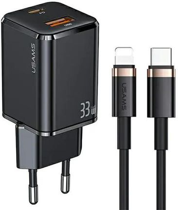 USAMS Ład. siec. 1xUSB-C+1xUSB T43 33W PD3.0 +QC3.0 + kabel U63 USB-C na lightning czarny/black USKTZ01