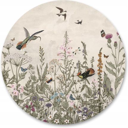 Muralo Naklejka W Kole Ptaki Kwiaty Polne Vintage 100x100