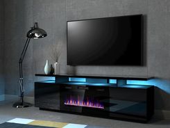 Cama Meble Szafka Rtv Eva Z Kominkiem Elektrycznym 180X40X52 Czarny/Czarny Połysk