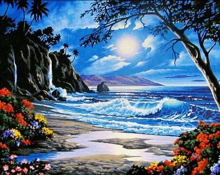 Malowanie Po Numerach Plaża nocą Kwiaty rama Obraz