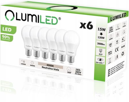 Lumiled 6X Żarówka Led E27 15W 1521Lm A65 4000K (715304A60TRADYCYJNANEUTRALNABARWA)