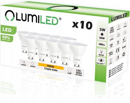 Lumiled 10X Żarówka Led Gu10 Halogen 5W = 50W 120D 3000K (714901HALOGENLEDCIEPŁABARWA)