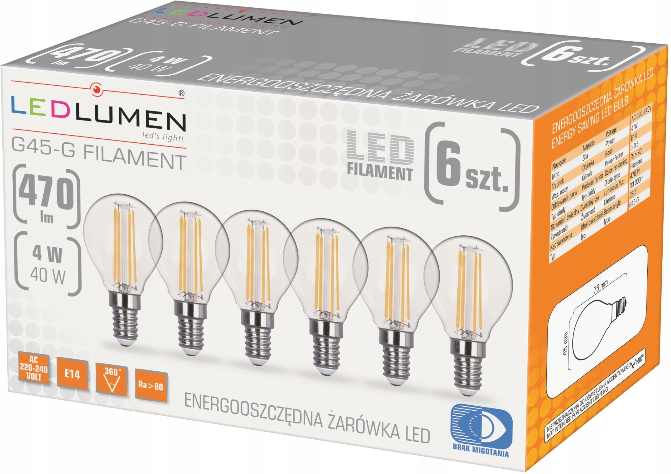 Ledlumen Zestaw 6x Żarówka Led E14 4w 40w Filament Ozdobna Zes000172a