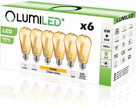 Lumiled 6X Żarówka Led E27 6W = 50W 2200K Filament Edison (AMBEROZDOBNADEKORACYJNA)