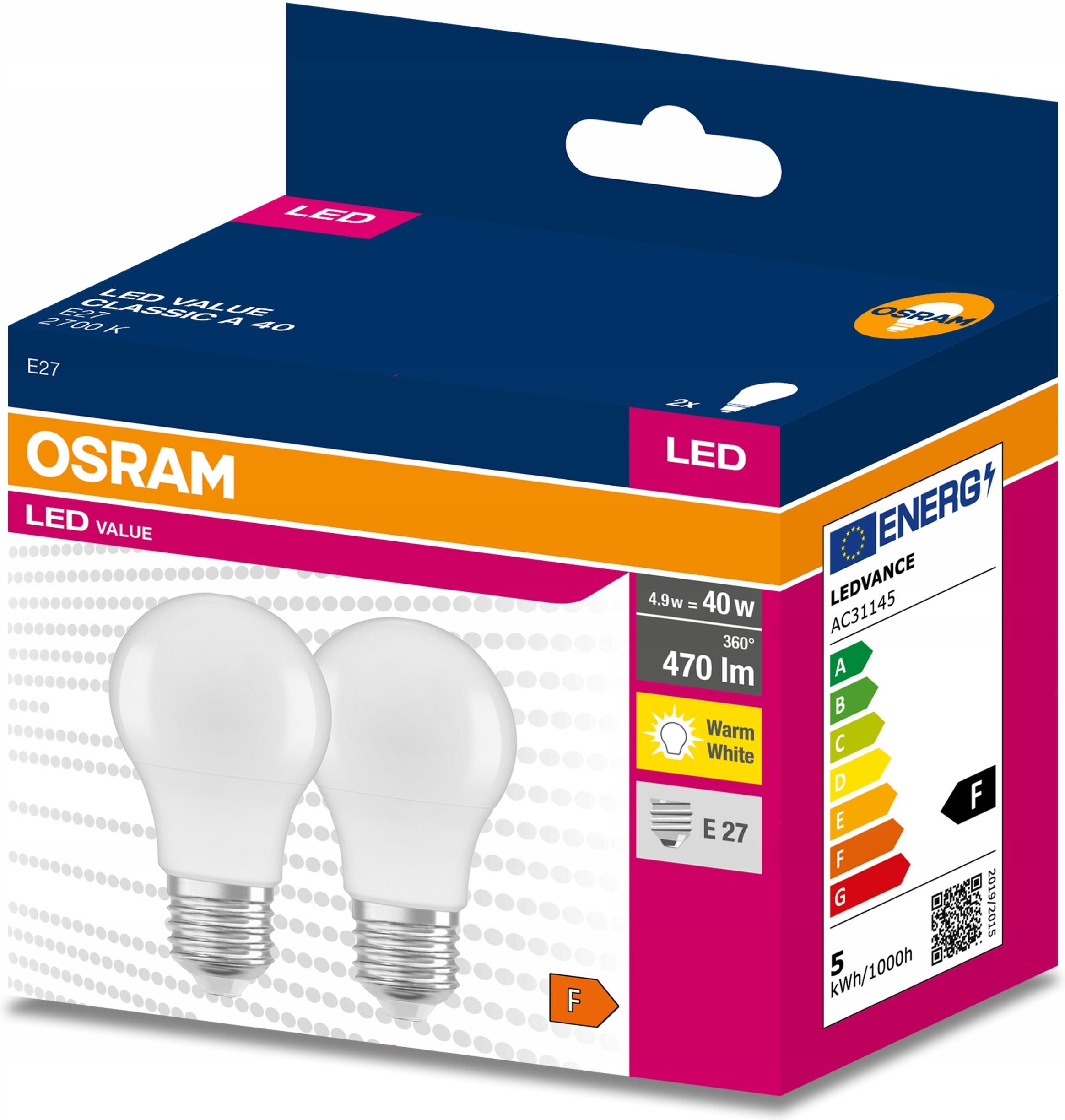 Osram 2x Żarówka Led E27 A60 4 9w 40w 470lm 2700k Osrvalu7407