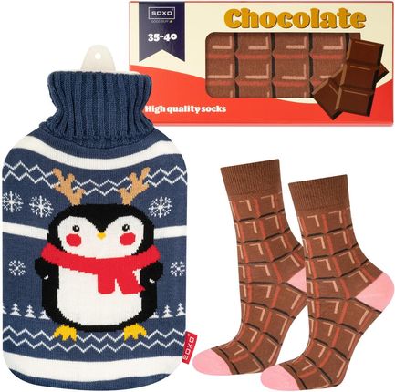 Zestaw skarpetki damskie SOXO tabliczka czekolady i świąteczny termofor pingwin | prezent na Święta
