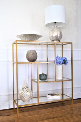 Regał loft BEAUTY - minimalistyczny regał złoty w stylu glamour DECOSTEEL, regał ze szkłem w nowoczesnym stylu