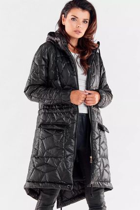 Ciepła kurtka damska z kapturem i pikowaniem (Czarny, L/XL)