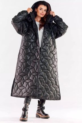 Oversizowy płaszcz damski pikowany z kapturem (Czarny, S/M)