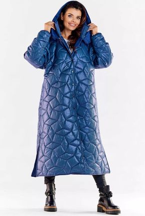 Oversizowy płaszcz damski pikowany z kapturem (Granatowy, L/XL)