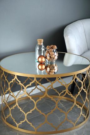 Ekskluzywny stolik kawowy glamour CEREA, Stolik kawowy okrągły nowoczesny, stolik szklany okrągły, złoty stolik do salonu DECOSTEEL