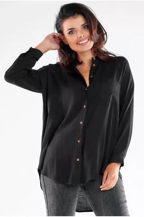 Koszula damska z przedłużonym tyłem i stójką (Czarny, L/XL)