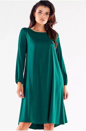 Trapezowa sukienka z przedłużonym tyłem z wiskozy (Zielony, M)