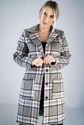 Elegancki płaszcz damski w kratę zapinany z przodu (Krata, XL)