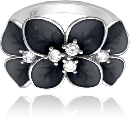 MINET Czarny kwiecisty pierścien srebrny FLOWERS z białymi cyrkoniami wielkość 11