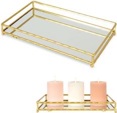 Zdjęcie Taca na świece lustrzana prostokątna złota metalowa / podstawka pod świeczki 30,5x17 cm - Tychy