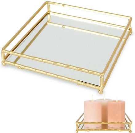 Taca na świece lustrzana kwadratowa złota metalowa / podstawka pod świeczki 20,5x20,5 cm