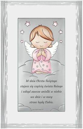 Obraz anioła stróża srebrny nowoczesny nad łóżeczko z grawerem kolorowy 9x15.5 | Rozmiar: 9x15.5 cm | Kolor: Różowy | SKU: BC6761FBS1/2R