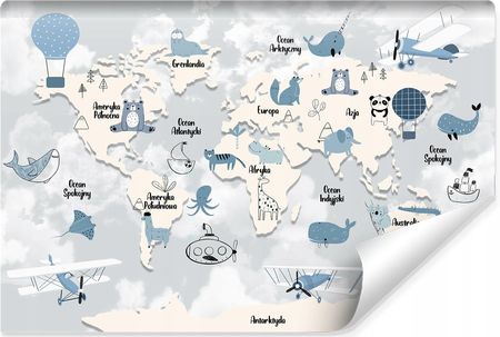 Muralo Fototapeta Mapa Świata Zwierzątka Chmury 360x240