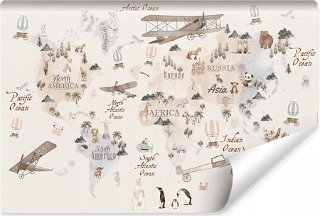 Muralo Fototapeta Mapa Świata Zwierzątka Samoloty 300x210